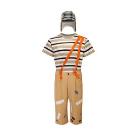 Cuzeolin Adults Chavo Costume Stripe T-Shirt Pants Suspenders with Hat Sets Cosplay Uniform Outfits L