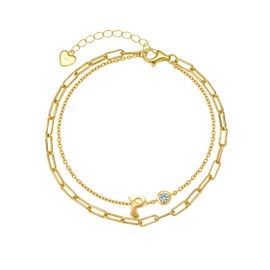 Initial Bracelet for Women, 925 Sterling Silver 14K Gold Plated Dainty Layered Stackable Paperclip Letter Bracelets, Trendy Jewelry Christmas Birthday Gifts for Wife Mom Girlfriend Sister Daughter