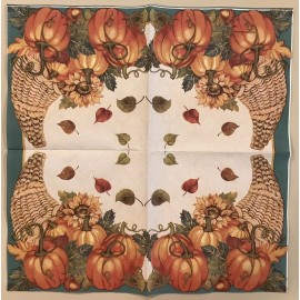 TWO Thanksgiving Leaves Autumn Fall Paper Napkins Cornucopia Pumpkins Decoupage