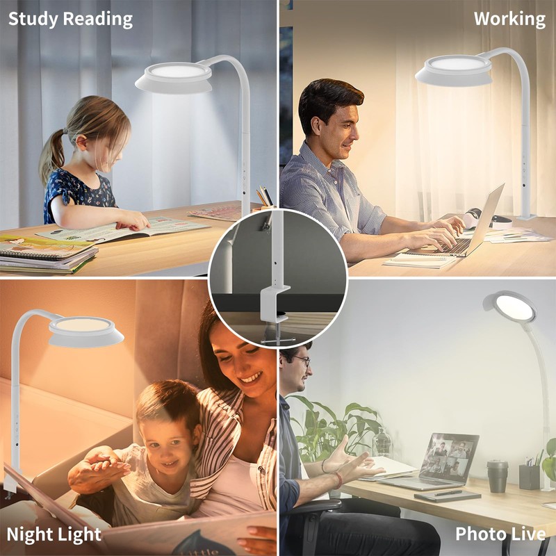 LED Desk Lamp with Clamp, Eye-Caring Desk Light with Sunshade