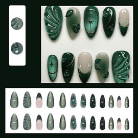 24Pcs Green Cat Eye Almond False Nails Medium, 3D Water Ripple French Press on Nails with Glue Stickers, Reusable Handmade Fake Nails Set, Acrylic Artificial Stick on Nail for Women DIY Manicure