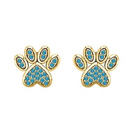 14K Yellow Gold Over .925 Sterling Silver Created London Blue Topaz Puppy Dog Cat Pet Paw Print Stud Earrings For Women