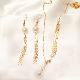 Pearl Fishbone Necklace Earrings Set Wheat Ear Leaf Lariat Y-Shape Pendant Necklace Chain Jewelry for Women Girls (Gold)