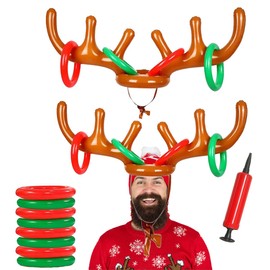 2 Pack Inflatable Reindeer Antler Ring Toss Game (2 Antlers 8 Rings) Reindeer Antler Hat Ring Toss for Xmas Party 2023 Great Christmas Games for Families