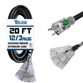 YOJOE 3-Outlets Indoor Outdoor Extension Cord with Lighted End, 3 Prong 15A Weatherproof Power Cord, 12 Gauge Heavy Duty 20 ft Black Extension Cord Multiple Outlets, 12/3 SJTW UL Listed