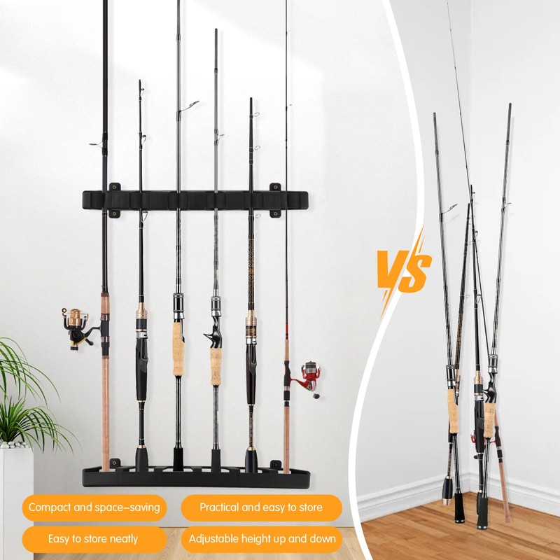 MOERDIFFER Fishing Rod Holder, Black, ABS, 6 Rods Storage, Wall