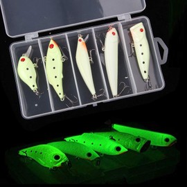 Luminous Fishing Lure Bit Kit - 5/10pcs Artificial Hard Lure Minnow Crank VIB Popper Pencil Night Glow Hard Bait with Treble Hook Fishing Tackle Box for Bass Catfish Snakehead Saltwater Freshwater