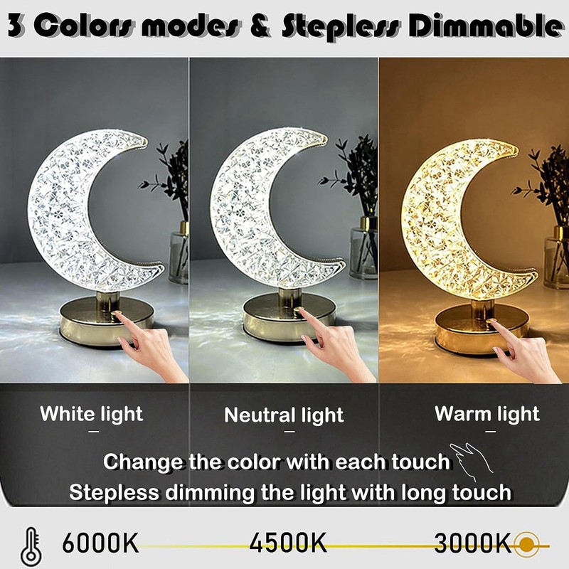Bedside Table Lamp Crystal Moon Shape Cordless Rechargeable Long Touch
