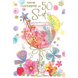 Sister 50th 50 Gin Glass & Butterflies Design Happy Birthday Card Lovely Verse