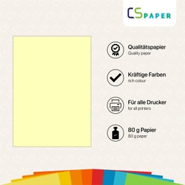 Made in the EU, 20 sheets of coloured paper, light yellow, A4, 80 g/m², CS paper, printer paper, copy paper, universal paper for printing, crafts and folding in DIN A4 format, paper for home and