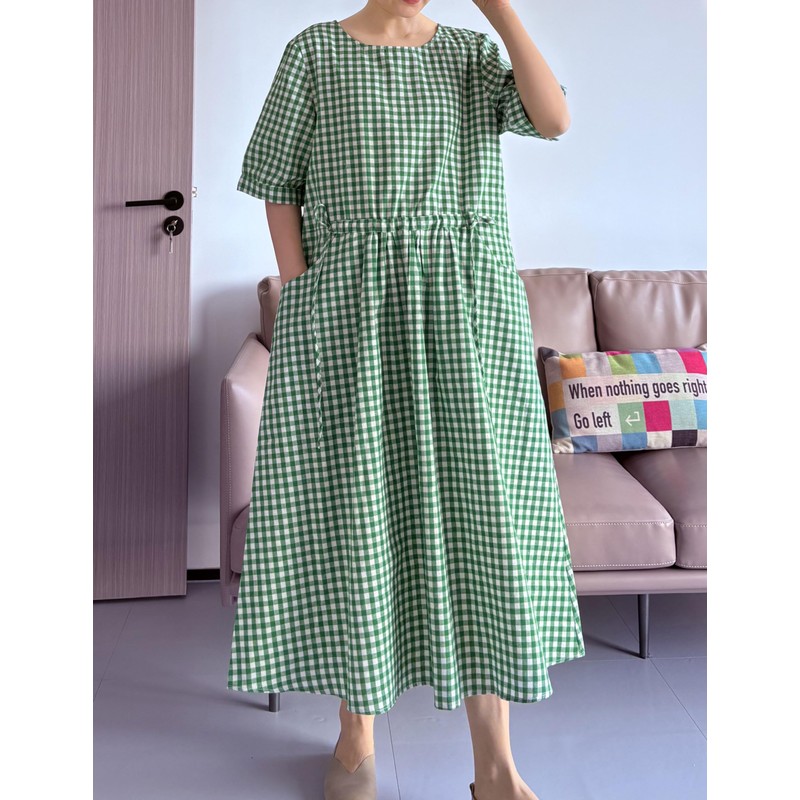 Minibee Women's Cotton Linen Dress Summer Short Sleeve Casual Plaid