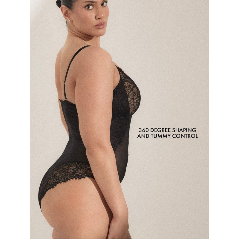 Pinsy Shapewear Smoothing Lace Bodysuit, Black, Large