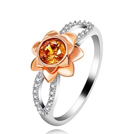 Uloveido 14K Rose Gold Plated Flower Ring Two Tones Infinity Split Shank Floral Wedding Ring with Round Cut Simulated Orange Diamond Y812 (Size 7)