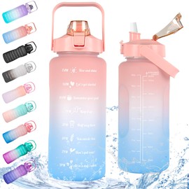 Half Gallon/64oz Daily Sports Water Bottle with Straw & Motivational Time Marker,BPA Free Plastic Water Jug,2 Liter Drinking Bottle for Fitness,Travel,Camp and Outdoor Sports(64oz/2000ml,Pink to Blue)