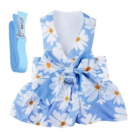 Dog Dress Bowknot Harness Leash Set for Small Girl Dogs Blue Daisy Floral Dog Cat Clothes Cute Puppy Outfits Pet Clothes Spring Summer Breathable Dresses(Large)