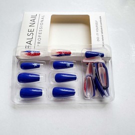 ONPRESS 24Pcs 4th of July Press on Nails Medium Square Coffin Fake Nails Independent Day Silver Glitter False Nails Red Blue American Flag Acrylic Glue on Nails Blue Star Stick on Nails for Women