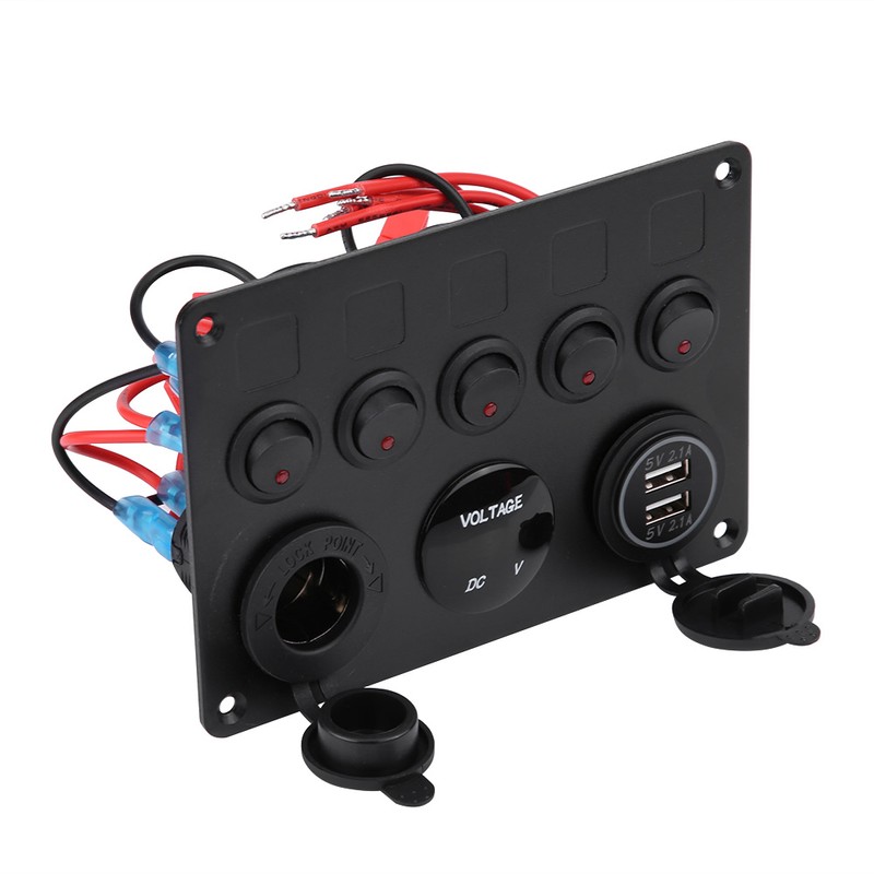 12-24V 5 Gang On/Off Toggle Switch Panel Dual USB Voltmeter