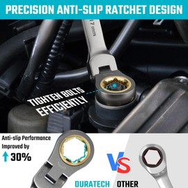 DURATECH Anti-Slip Flex-Head Ratcheting Wrench Set, Combination Wrench Set, 12-Piece, 72-Tooth, Metric, 8-19 mm, CR-V Steel, Organized in Storage Case