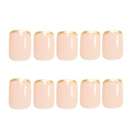 Gold French Tip Fake Nails Short Press on Nails Summer Suqare False Nails Glossy Pink Bright Nails Press ons Gold French Nail Tip Designs Acrylic Nails 24Pcs Artificial Solid Color Glue on Nails