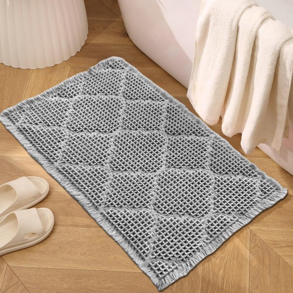ZALL Waffle Bath Mat,Super Absorbent Non Slip Bathroom Rug,Grey 18x30inch,Geometric