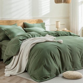 JELLYMONI Oversized Queen Duvet Cover Set - 100% Washed Cotton Linen Like Textured Comforter Cover, 3 Pieces Soft Bedding Set with Button Closure (Green, Oversized Queen 98"x98")