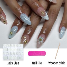 Jremg Summer Press on Nails Medium Almond Fake Nails with Shell Starfish Design Glossy Ocean Shell French Tip False Nails 3D Pearl Gems Acrylic Nails Reusable Artificial Stick on Nails for Women 24Pcs