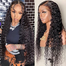 AUOCATTAIL 28 Inch 13x6 Curly Lace Frontal Wig 180% Density HD Transparent Wet and Wavy Human Hair for Women Pre Plucked with Baby Hair