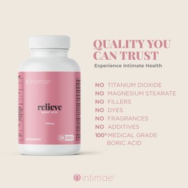Intimae Relieve - Boric Acid Suppositories for BV and Yeast Infection Treatment for Women | Bacterial Vaginosis Treatment | pH Balance Pills | 100% Pure Medical Grade 600mg - Made in Canada - 28 count