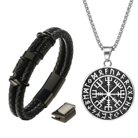 OIDEA Men's Viking Necklace Bracelet Set: Retro Adjustable Double layered Braided Leather Cuff Wristband Bracelet Celtic Viking Rune Compass Necklace Amulet Jewelry Gifts, Black Silver
