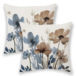 Blue Brown Pillow Covers 16x16 Inch Set of 2 Vintage Spring Blue Brown Floral Throw Pillows Watercolor Summer Seasonal Flower Pillowcases Outdoor Decorative Linen Cushion Covers for Couch Sofa
