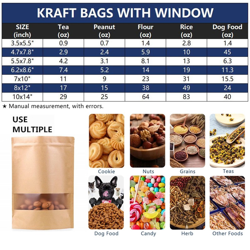 50pcs Kraft Bags with Window Resealable Stand Up Ziplock Pouches