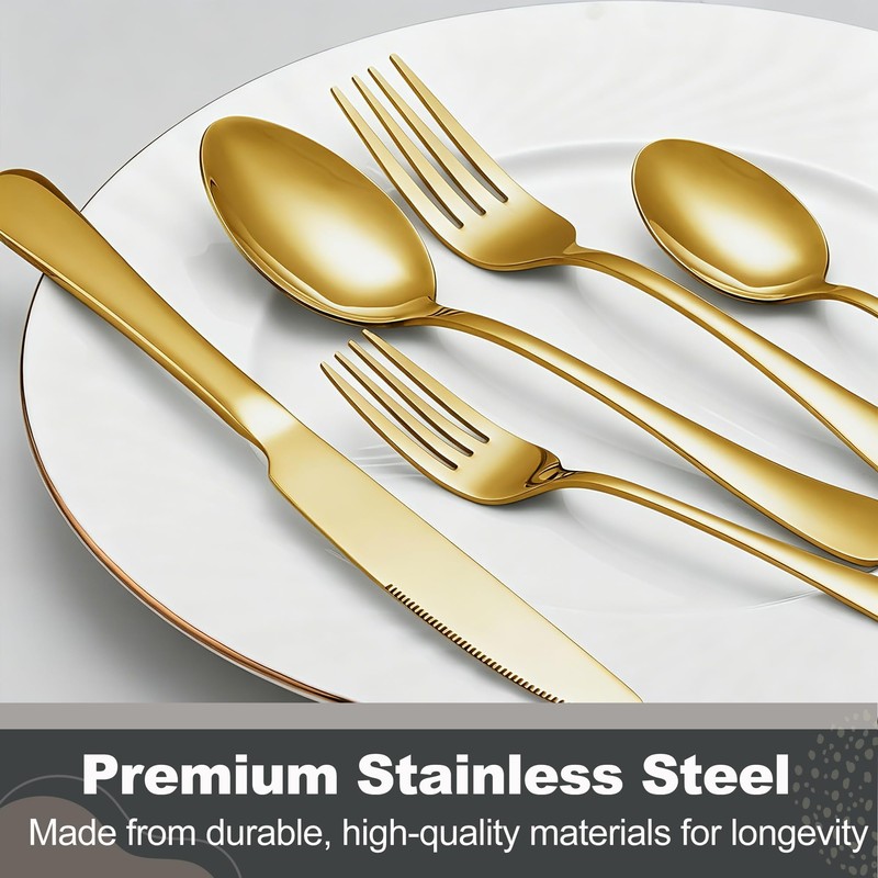 Runfly 40-Piece Gold Flatware Set, Stainless Steel Cutlery Set for