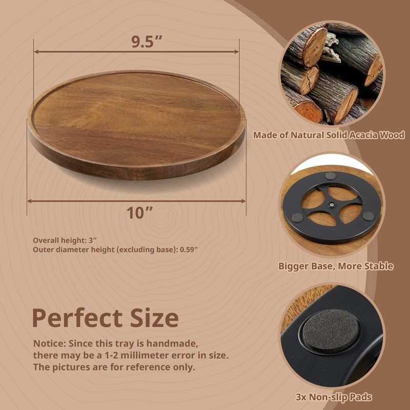 10 Inch Acacia Wood Lazy Susan Turntable Organizer for Cabinet