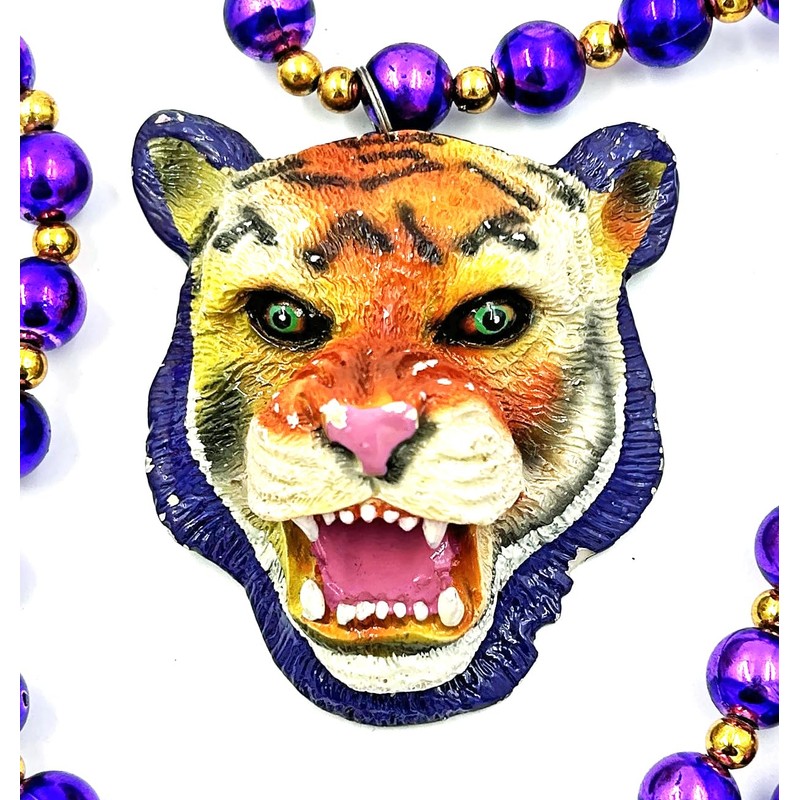 Tiger Head Mardi Gras Bead Necklace