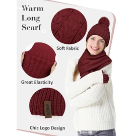 Aneco Women Winter Beanie Hat Scarf Gloves with Pom Pom Fleece Lined Touchscreen Gloves Set Thick Warm Knit Cap 3-in-1 Set Burgundy