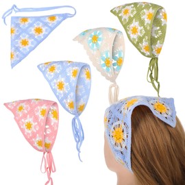 MBAIYO Crochet Bandanas Headbands, 4pcs Daisy Knitted Bandana Triangle Pastoral Hairbands Cute Flowers Headscarf Multicolor Foral Headwrap for Women Accessories