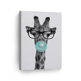 Smile Art Design Cute Giraffe with Glasses Animal Bubble Gum Art Teal Blue Canvas Print Black and White Wall Art Home Decor Pop Art Living Room Kids Room Decor Nursery Ready to Hang Made in USA 17x11