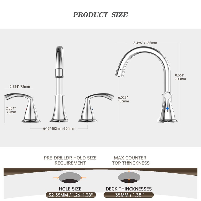 Phiestina 8 Inch Widespread Chrome Bathroom Sink Faucet, 2 Handle