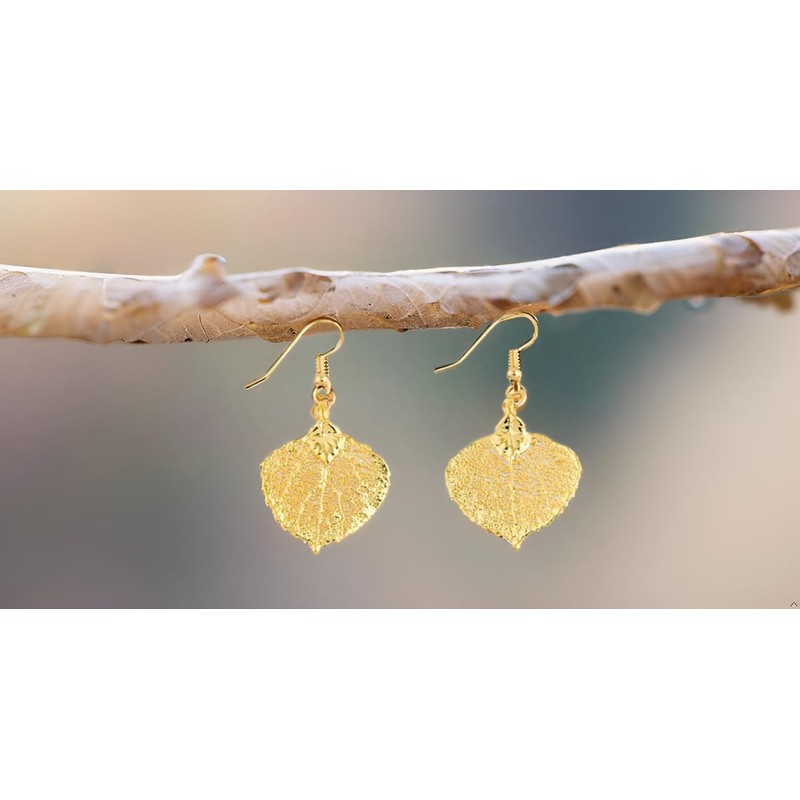 24K Gold Dipped Aspen Leaf Dangle Earrings