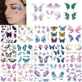 18 Sheets Glitter Butterfly Temporary Tattoos Stickers for Girls Eye Face Makeup Decoration Flash Fairy Wings Flower Waterproof Fake Tattoos for Women Festival Party Eye Makeup Décor