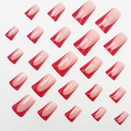 24Pcs Red French Press on Nails Short Duck Fake Nails Nude Nails Press ons with Duckbill Designs Glossy False Nails Full Cover Acrylic Nails Cute Glue on Nails for Women