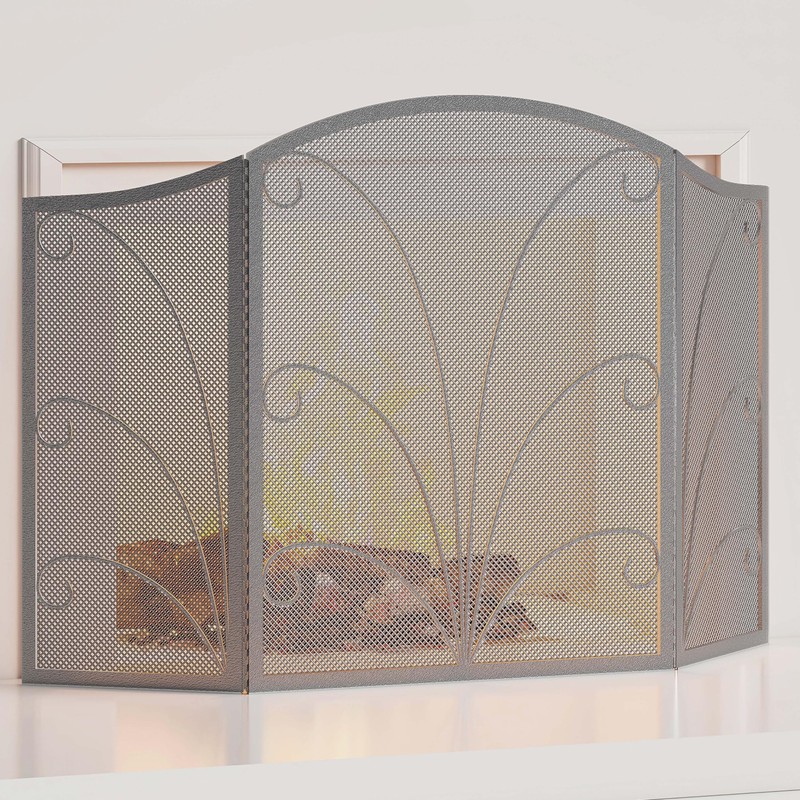 Kingson 3-Panel Arched Fireplace Screen Decorative, Handcrafted Scroll Wrought Iron