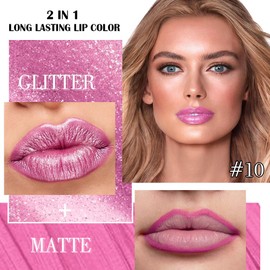 Kaely 2in1 Light Rose Pink Metallic Lipstick and Lip Liner, Shimmer Glitter Lip Gloss Long Lasting Waterproof 24 Hours, Pearlescent Sparkly Liquid Lipsticks Stain Makeup for Women, Vegan Formula, 10