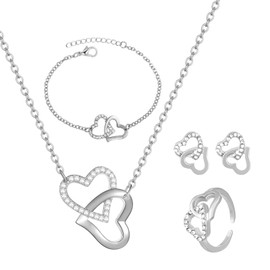 APMGONT Heart Stud Earrings Heart Pendant Necklaces Love Heart Bracelets Ring Jewellery Set Adjustable Infinity Eternity Love Choker Necklaces Heart Bracelet Gifts for Women Girls (Silver)