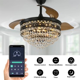 US Warehouse Home Decor Crystal Black Chandelier Led Smart Ceiling Fan With Light InverterColor: Black 42 inch, Emitting Color: dimmable, remote control, 6 speeds, App Control, Lamp Power(W): light 30W*2, motor 30W DC
