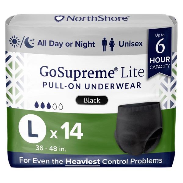 NorthShore GoSupreme Lite Incontinence Underwear, 6-Hour Pullup Style, Large, 14 Count Bag, Black, 36-48 inches, Unisex Adult Diapers