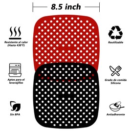 2 unidades de forros cuadrados reutilizables, Forros de silicona para freidora de aire, Reemplazar el pergamino, sin BPA, Alfombrillas originales de freidoras/horno/olla a presión(rojo y negro, 8.5 pulgadas, cuadrado)