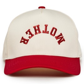 Funky Junque Canvas Snapback Trucker Hat - Father's Day, Funny Mom Hat, Baseball Cap for Mom & Dad - Mother (Upside Down) - Red/Beige