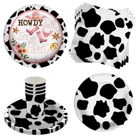 Cow Girl Birthday Party Supplies - Cow Print Rodeo Birthday Party Plates - Large 9" Paper Plates In Bulk (Howdy Y'all Cow Print, 32 Piece)