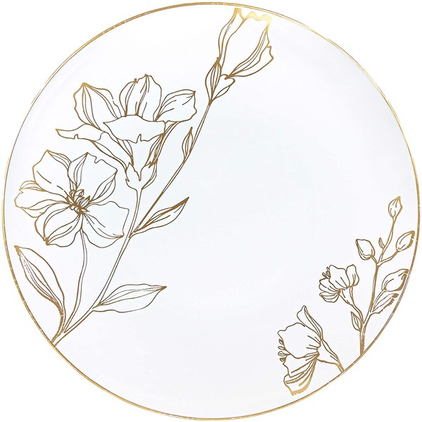 [9'' Plates 10 Count] White Plastic Floral Design Party Dinner Plates With Gold Rim Premium heavyweight Elegant Disposable Tableware Dishes